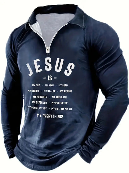 JESUS Letter Pattern Men's Retro Long Sleeve Zipper Shirt, Spring Fall