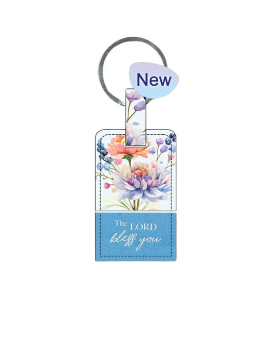 Key Ring Leather Rectangle Blue Floral - The Lord Bless You