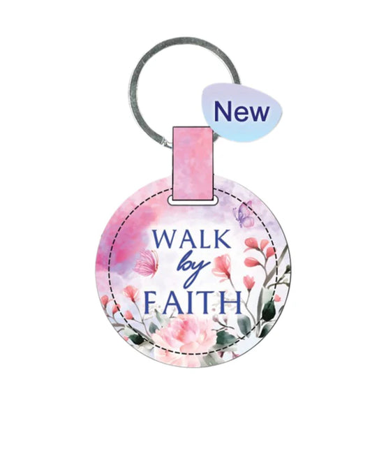 Key Ring Leather Round Pink Floral - Walk by Faith
