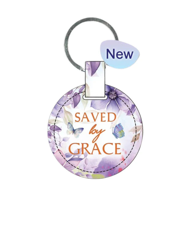 Key Ring Leather Round Purple Floral - Saved by Grace