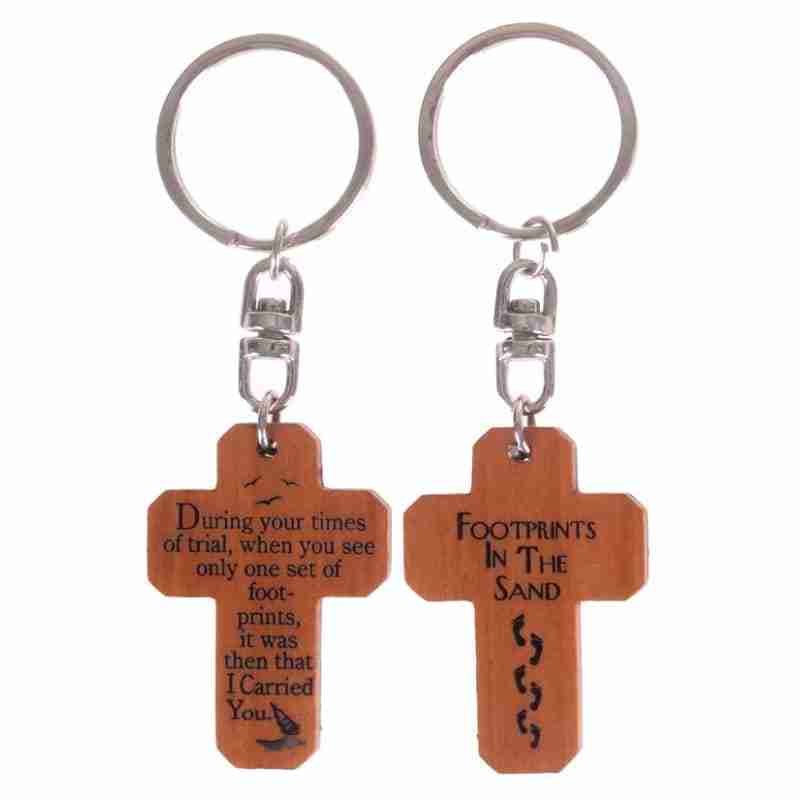 Mahogany Keyring Footprints Cross