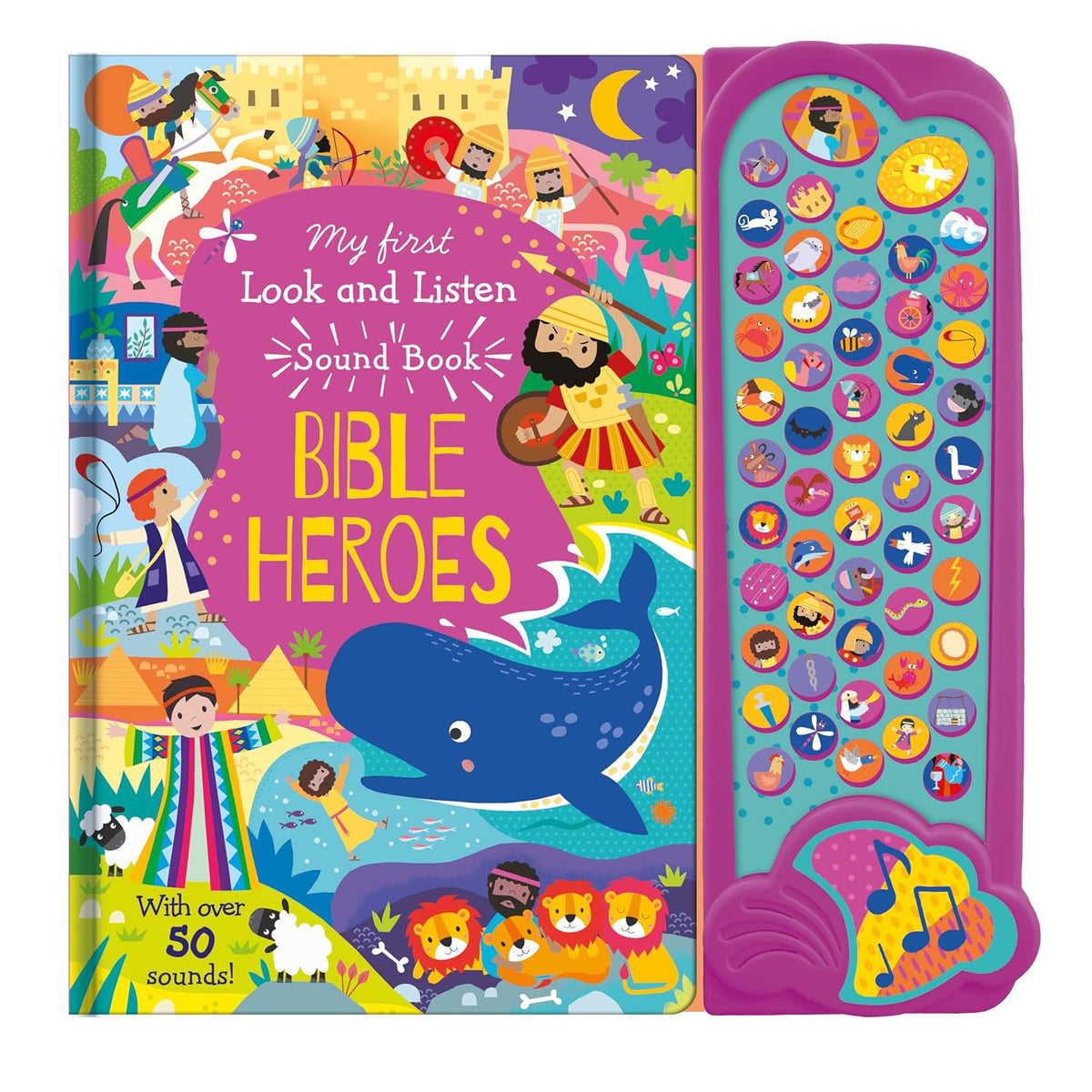 Bible Heroes sound book for kids with Jonah's whale, Daniel's lions and 50-button sound panel