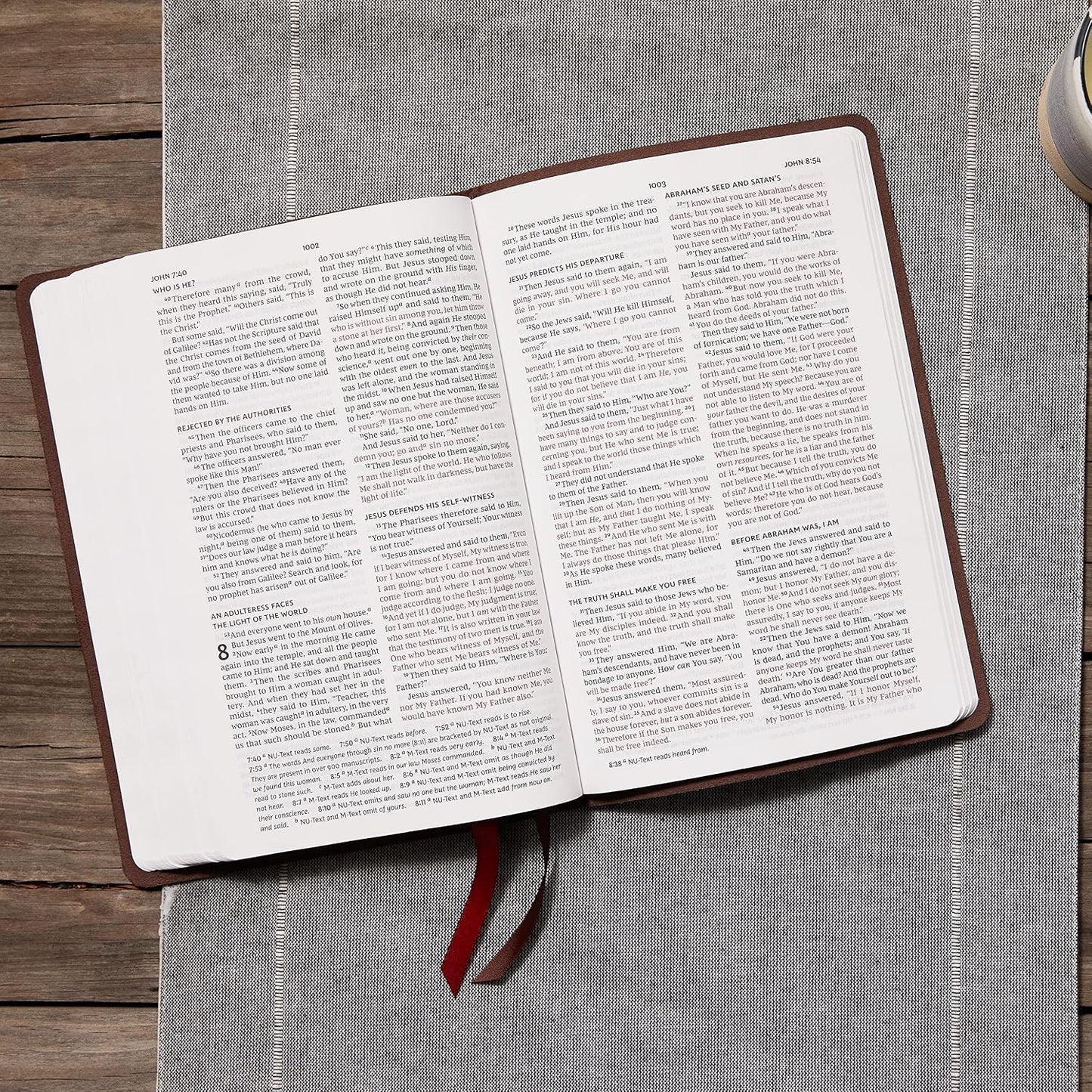 NKJV Thinline Large Print Bible, Verse Art Cover Collection, Genuine Leather, Brown, Thumb Indexed, Red Letter, Comfort Print