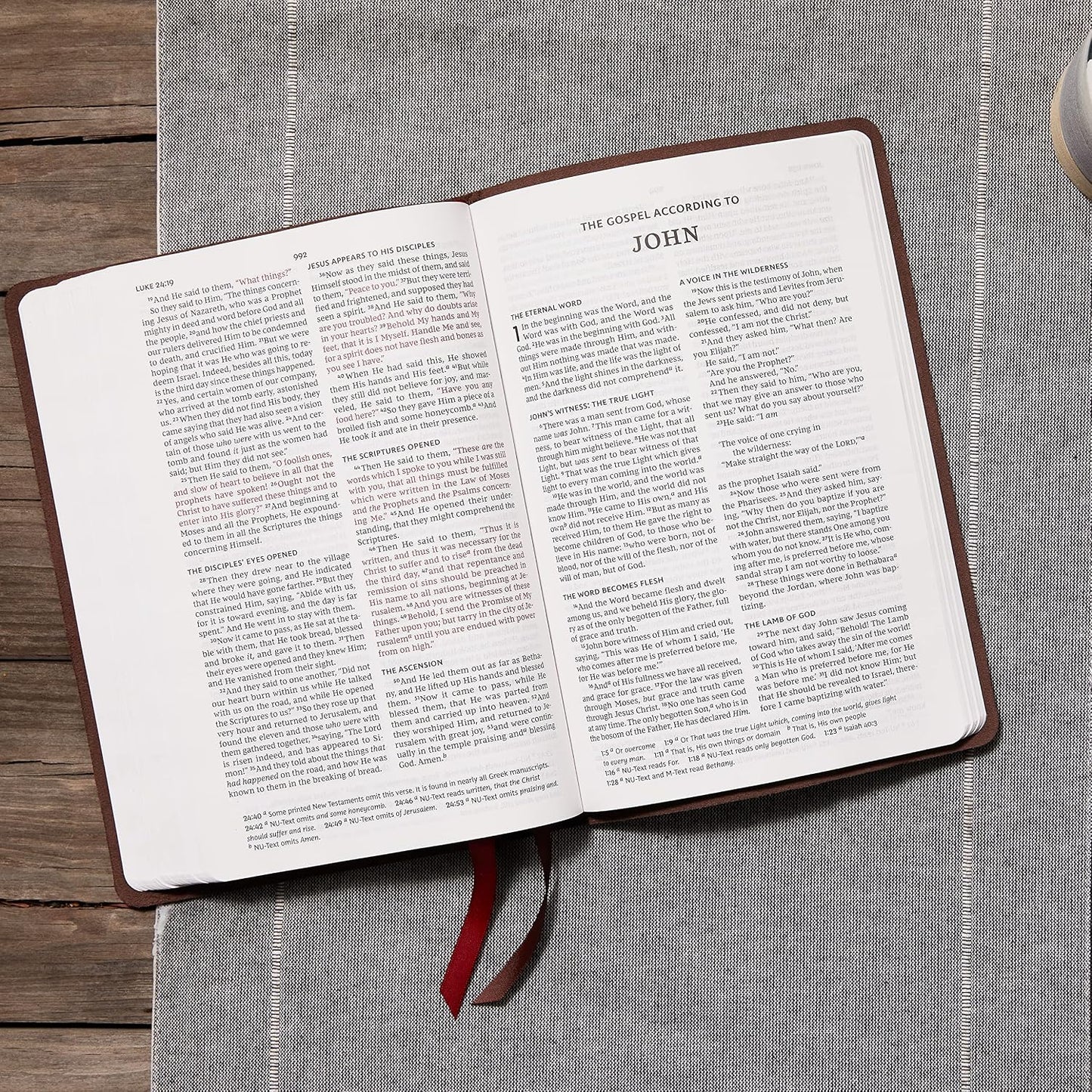 NKJV Thinline Large Print Bible, Verse Art Cover Collection, Genuine Leather, Brown, Thumb Indexed, Red Letter, Comfort Print