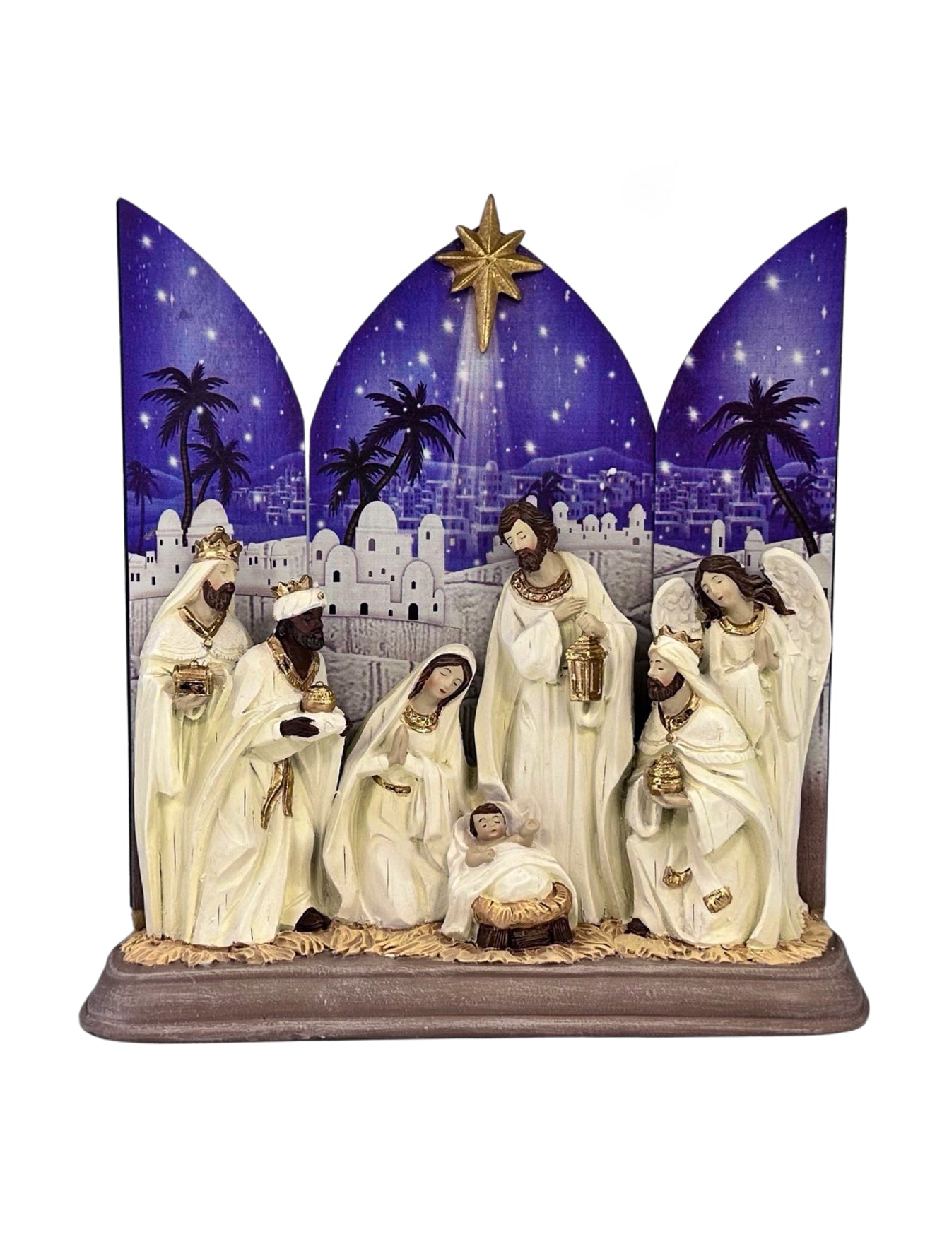 NATIVITY SET WHITE WITH BLUE NAT SCENE SIZE: 280 X 260MM - RESIN / WOOD