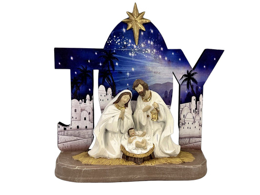 HOLY FAMILY SCENE - JOY BACKGROUND SIZE: 200 X 200MM - RESIN / WOOD