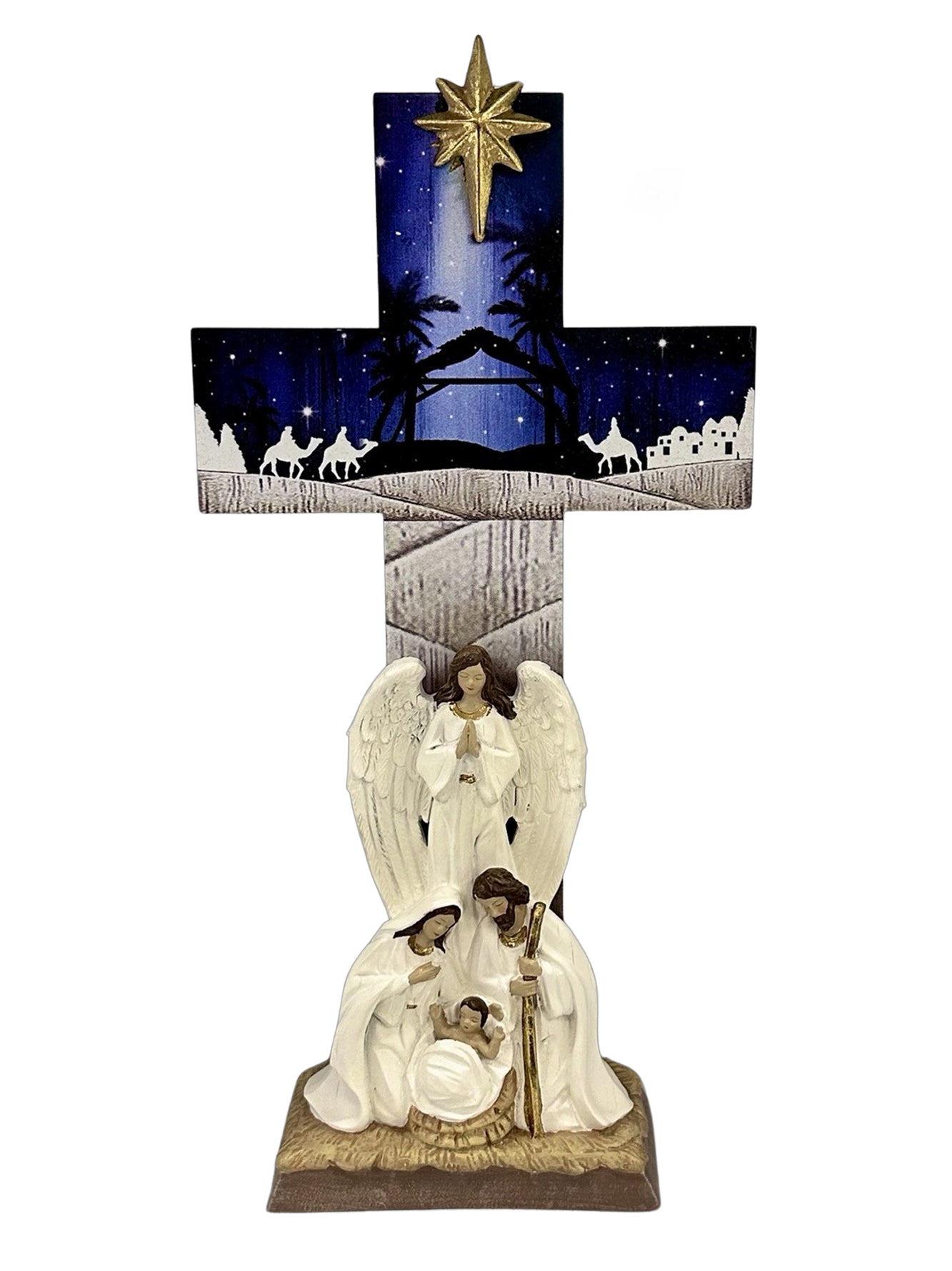 HOLY FAMILY WITH BLUE NATIVITY SCENE SIZE: 330 X 165MM - RESIN / WOOD