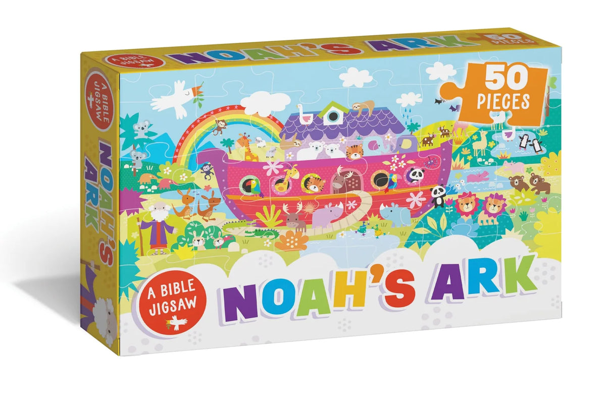 1: Completed Noah's Ark 50-piece kids jigsaw puzzle showing ark, rainbow and animals
2: Close-up of large chunky jigsaw pieces with kangaroo from Noah's Ark puzzle
3: Noah's Ark children's jigsaw box with puzzle pieces spread on table
4: Noah's Ark 50 piece Bible jigsaw puzzle box for kids ages 3 and up
