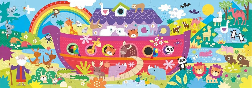 1: Completed Noah's Ark 50-piece kids jigsaw puzzle showing ark, rainbow and animals
2: Close-up of large chunky jigsaw pieces with kangaroo from Noah's Ark puzzle
3: Noah's Ark children's jigsaw box with puzzle pieces spread on table
4: Noah's Ark 50 piece Bible jigsaw puzzle box for kids ages 3 and up