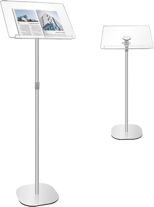 Podium Stand, Adjustable Height & Angle, Silver Acrylic & Metal, 41cm L x 30cm W x 142cm H,Church, Conference