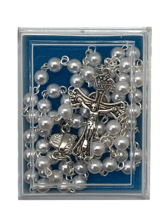 First Communion Rosary White — Pearl Beads in Clear Presentation Box | Silver Crucifix