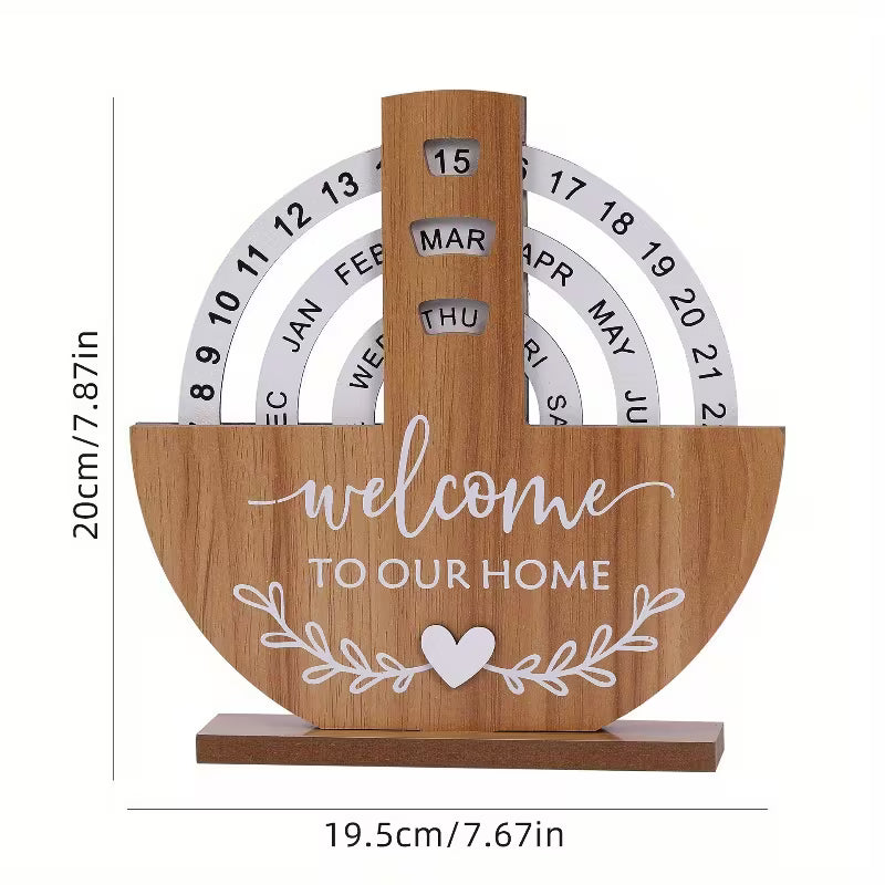 Rotating Perpetual Desk Calendar — Welcome to Our Home Wooden | 2025–2035