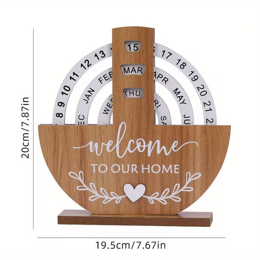 Rotating Perpetual Desk Calendar — Welcome to Our Home Wooden | 2025–2035