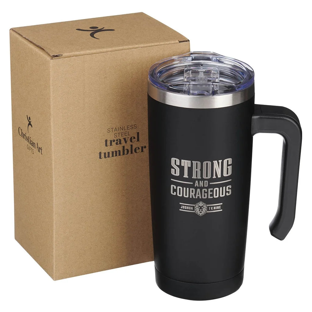 Black Stainless Steel Travel Mug with Handle - Strong and Courageous, Joshua 1:9-500ml