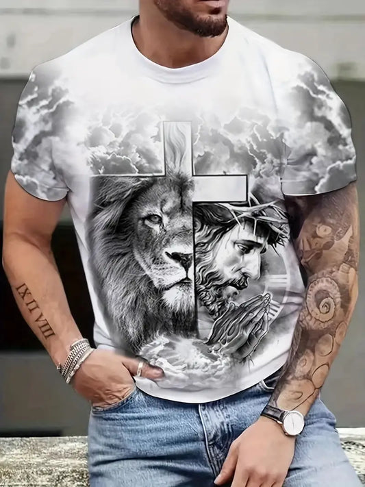 Stylish Cross & Lion Pattern Print Men's Comfy T-shirt, Christian Graphic Tee Men's Summer Outdoor Clothes, Men's Clothing, Tops For Men