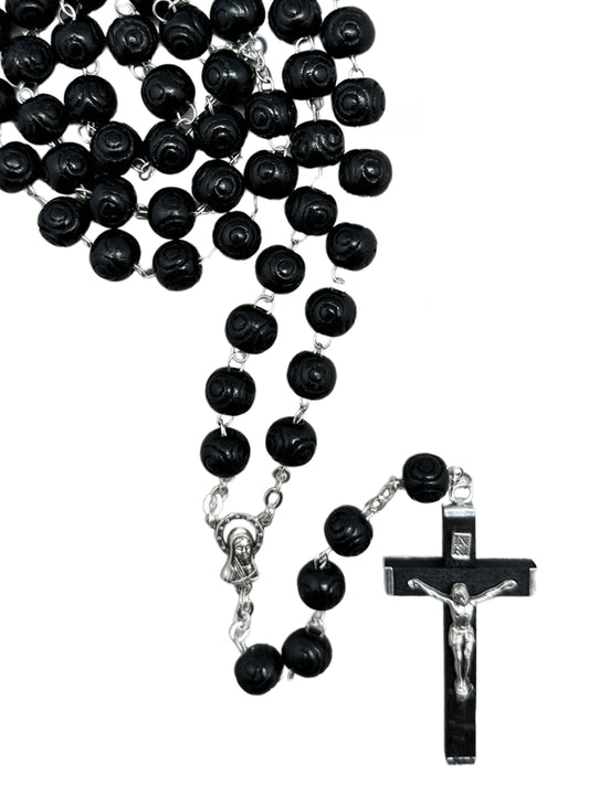 Rosary Wood Black Round Patterned - 8mm Beads