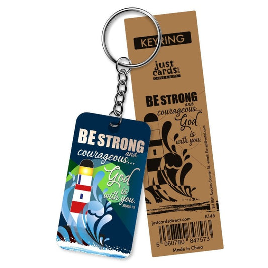 Lighthouse Christian keyring reading "Be strong and courageous… God is with you" Joshua 1:9, with packaging