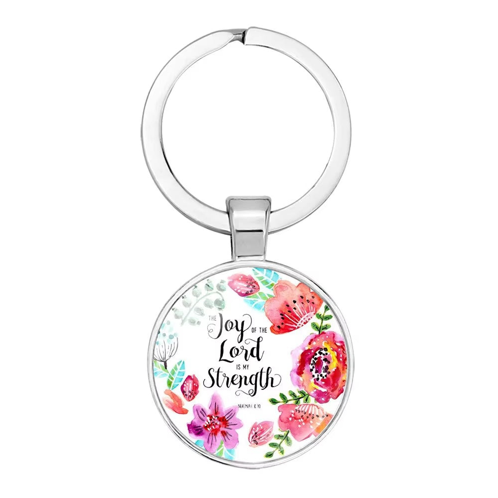 Joy of the Lord Scripture Keychain – Glass Cabochon Floral Design