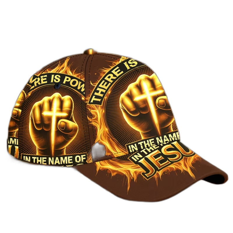 There Is Power in the Name of Jesus Baseball Cap – Christian Faith Cap | Flame Cross Design