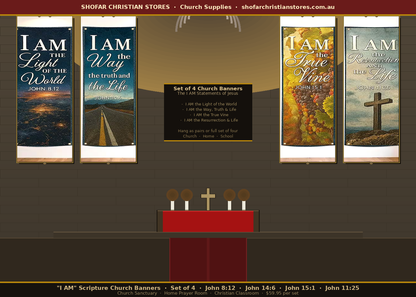 I AM — Set of 4 Scripture Church Banners | Jesus "I Am" Statements Wall Art(180cmx60cm)