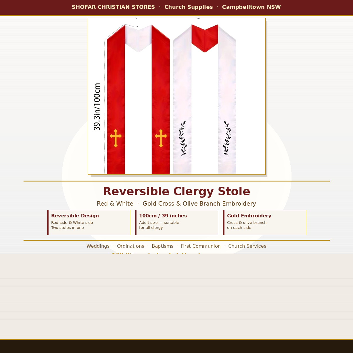 Reversible Clergy Stole — Red & White | Gold Cross & Olive Branch | Pastor Shawl 100cm