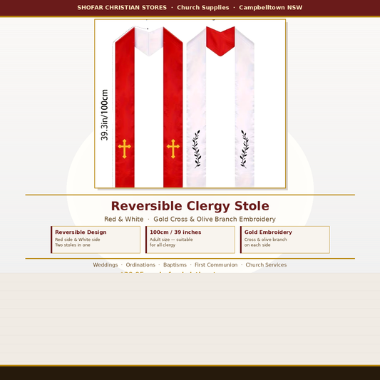 Reversible Clergy Stole — Red & White | Gold Cross & Olive Branch | Pastor Shawl 100cm