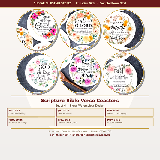 Scripture Bible Verse Coasters — Set of 6 | Floral Watercolour Christian Gift