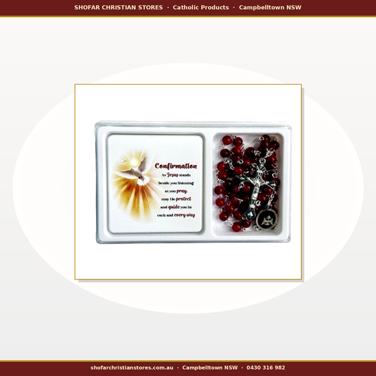 Confirmation Gift Set — Red Glass Rosary & Holy Spirit Plaque | Boxed