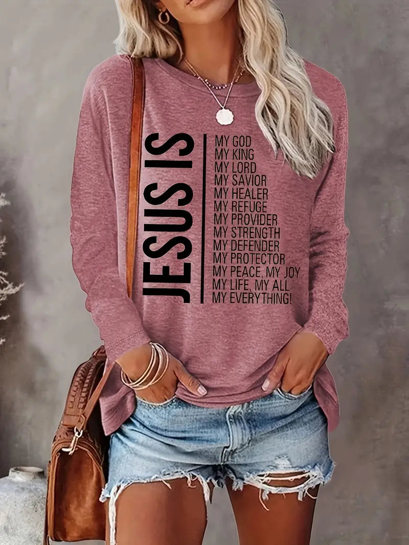 Jesus Print Crew Neck T-shirt, Casual Long Sleeve Top For Spring & Fall, Women's Clothing