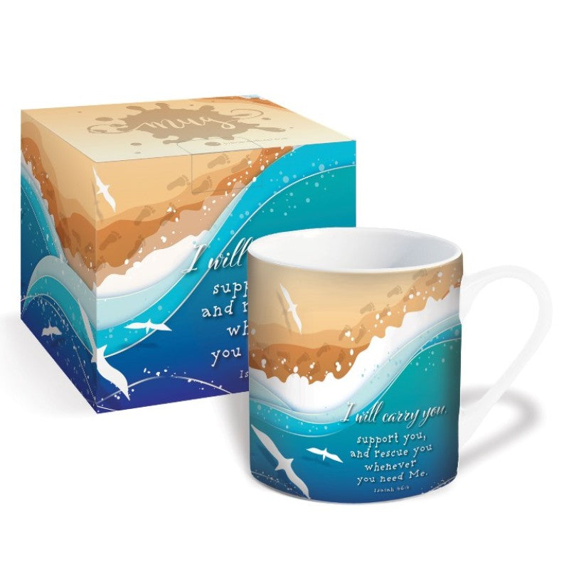 Footprints new bone china mug with beach, ocean waves and seagulls reading "I will carry you", with matching gift box