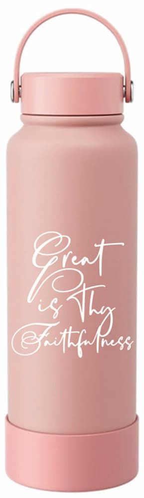 Pink 1150ml insulated Christian water bottle reading "Great is Thy Faithfulness"