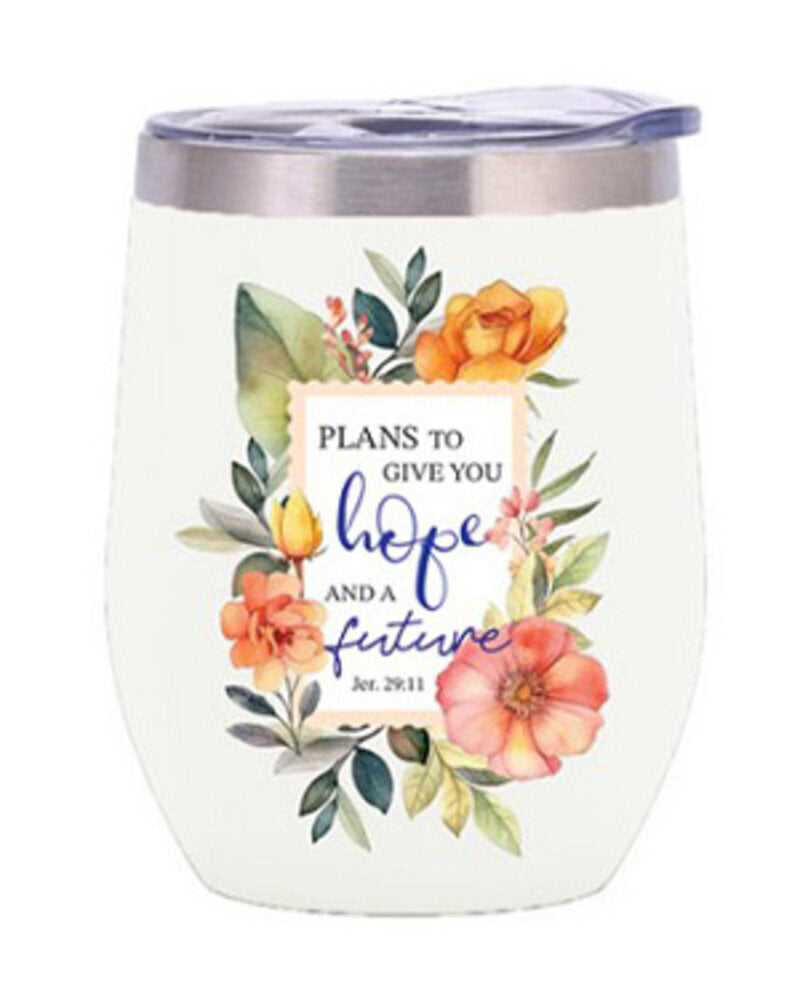 Creamy white stainless steel Christian tumbler with watercolour flowers reading "Plans to give you hope and a future" Jeremiah 29:11