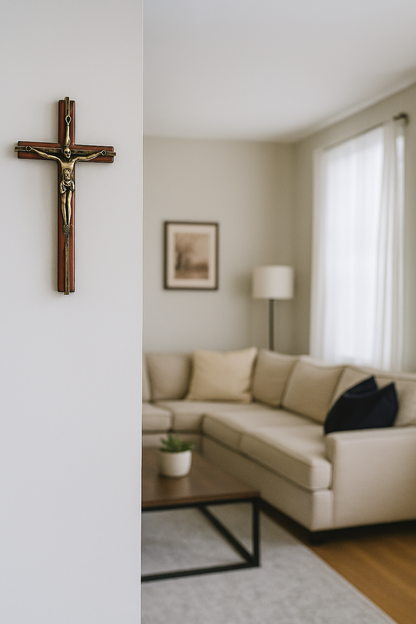 Wooden Crucifixion cross with Brass Inlay