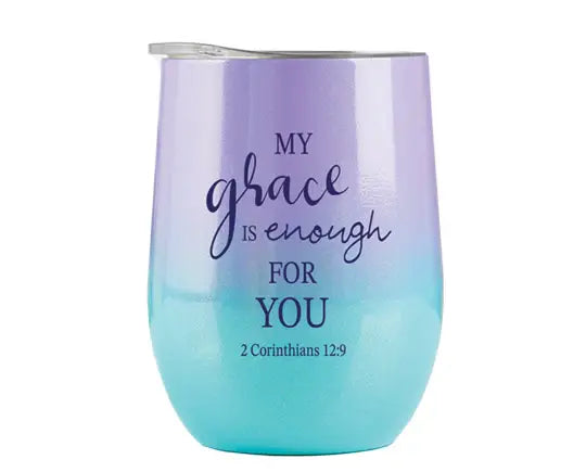 Lilac to aqua stainless steel Christian tumbler with lid reading "My grace is enough for you" 2 Corinthians 12:9