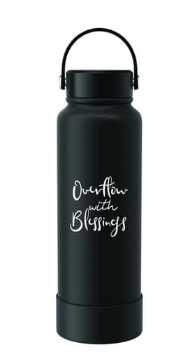 Matte black 1150ml stainless steel Christian water bottle with carry handle reading "Overflow with Blessings"