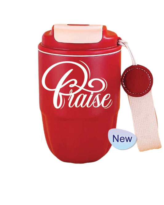 Red 320ml insulated stainless steel Christian tumbler with white "Praise" script, lid and fabric carry strap