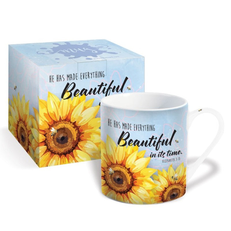 Sunflower new bone china mug reading "He has made everything beautiful in its time" Ecclesiastes 3:11, with matching gift box