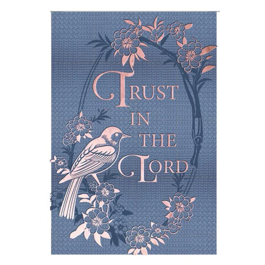 Two-tone blue Christian journal with rose-pink songbird and blossoms and "Trust in the Lord" on the cover