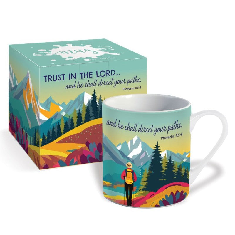 Trust in the Lord new bone china mug with hiker and mountain scene, Proverbs 3:5-6, with matching gift box