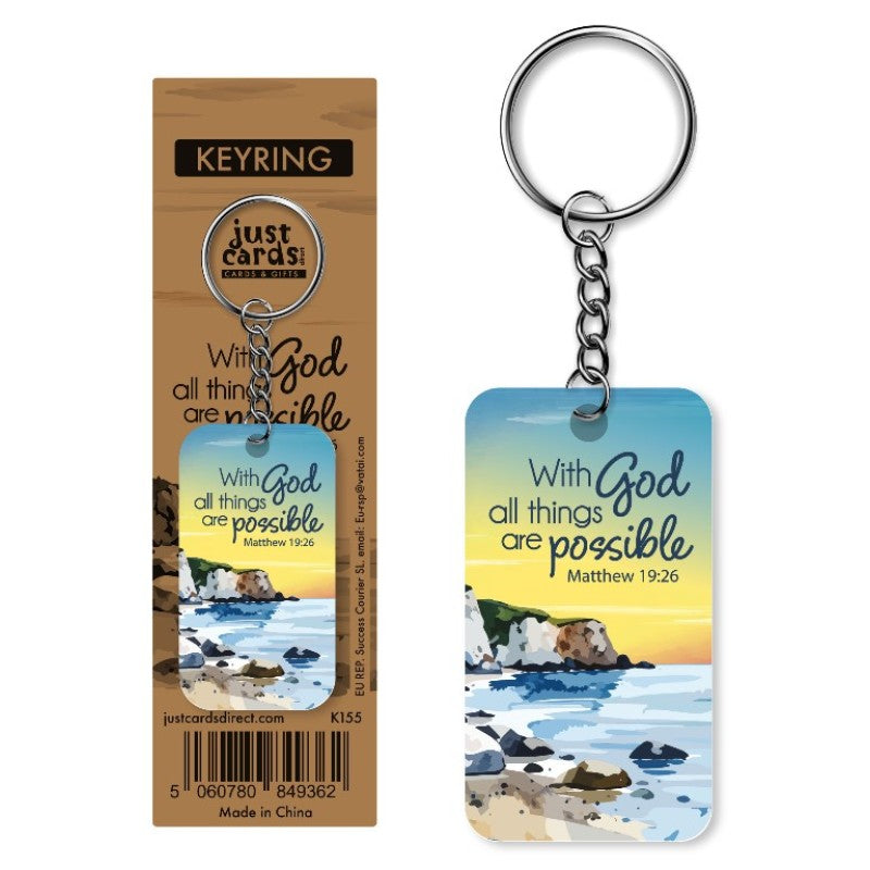 Seaside Christian keyring reading "With God all things are possible" Matthew 19:26, with packaging