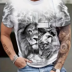 tylish Cross & Lion Pattern Print Men's Comfy T-shirt, Christian Graphic Tee Men's Summer Outdoor Clothes, Men's Clothing, Tops For Men